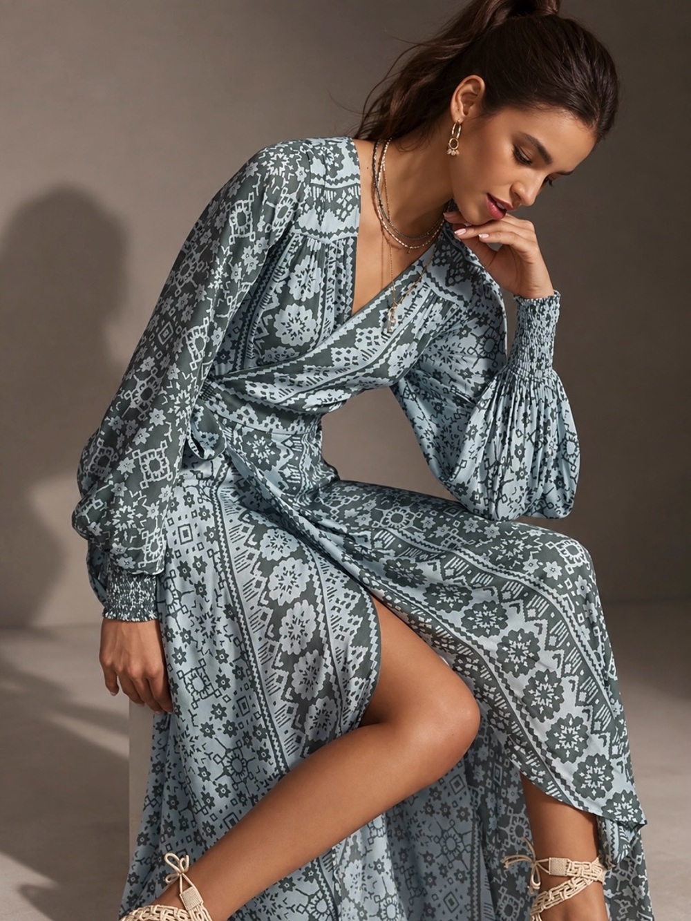 Anthropologie OMIKA Geometric Print Wrap Kaftan Maxi Dress Size M - Picture 5 of 11